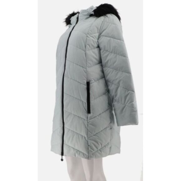 Laurier Stretch Quilted Coat Removable Faux Fur Trim Hood Silver Large - Picture 2 of 8